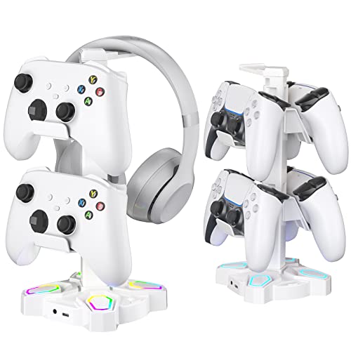 KDD Gaming Headphones Stand Rotatable Headset Stand with Light Modes Controller Holder with 2 USB Charging Ports and 35mm Earphone Hanger Accessories for Desktop GamerWhite - Image 1
