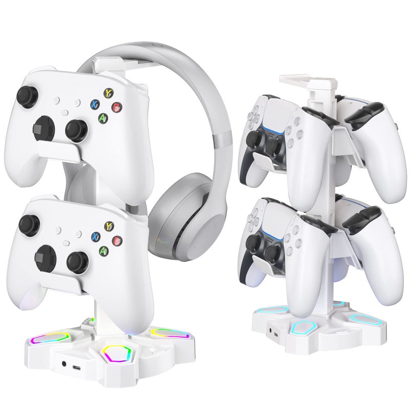 KDD Gaming Headphones Stand Rotatable Headset Stand with Light Modes Controller Holder with 2 USB Charging Ports and 35mm Earphone Hanger Accessories for Desktop GamerWhite - Image 2
