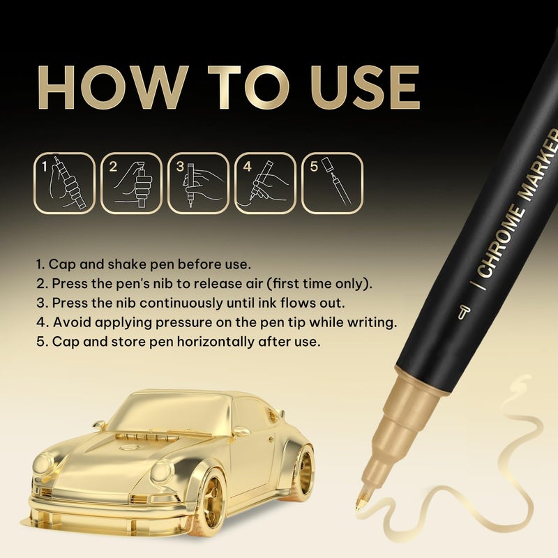 COORIART 1PK Dual Tip Permanent Mirror Chrome Gold Marker â€“ Metallic Gold Paint Pen for Metal, Plastic, Fabric, Jewelry, Model Painting, Touch-Up & Repair Kit, 2 Tips (0.7mm & 3mm Reversible Tip) - Image 3