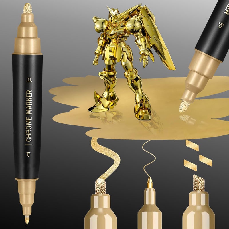 COORIART 1PK Dual Tip Permanent Mirror Chrome Gold Marker â€“ Metallic Gold Paint Pen for Metal, Plastic, Fabric, Jewelry, Model Painting, Touch-Up & Repair Kit, 2 Tips (0.7mm & 3mm Reversible Tip) - Image 1