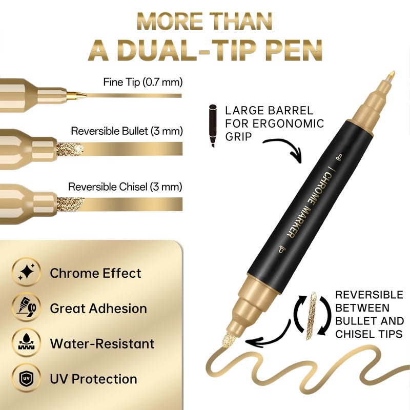 COORIART 1PK Dual Tip Permanent Mirror Chrome Gold Marker â€“ Metallic Gold Paint Pen for Metal, Plastic, Fabric, Jewelry, Model Painting, Touch-Up & Repair Kit, 2 Tips (0.7mm & 3mm Reversible Tip) - Image 2