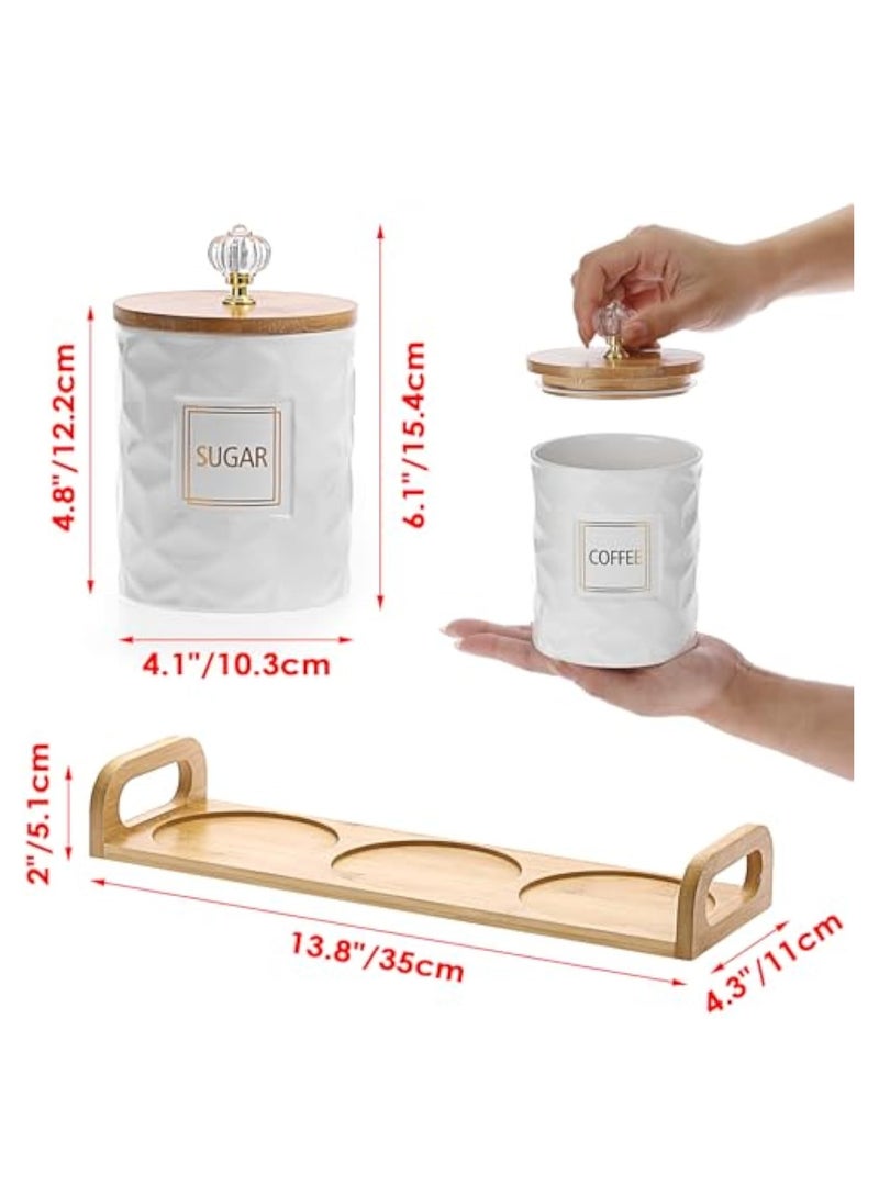 Arabest Set of 3 Ceramic Canisters Set for Sugar Coffee Tea With Handle Tray, Luxurious Storage Containers Sets with Lids Decorative Storage Pots White Ceramic Storage Jar for Kitchen Dining Counter - Image 2