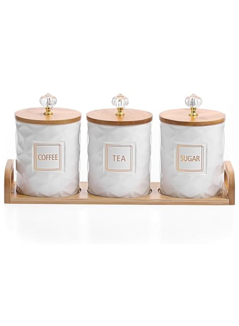 Arabest Set of 3 Ceramic Canisters Set for Sugar Coffee Tea With Handle Tray, Luxurious Storage Containers Sets with Lids Decorative Storage Pots White Ceramic Storage Jar for Kitchen Dining Counter - Image 1