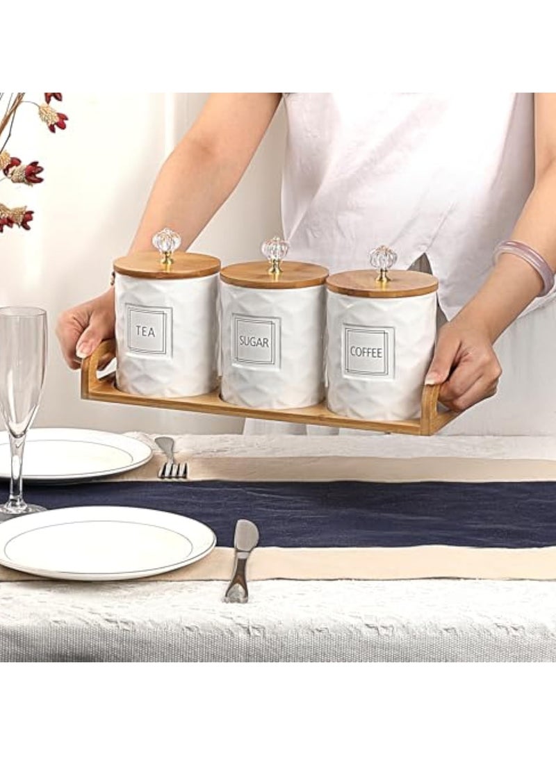 Arabest Set of 3 Ceramic Canisters Set for Sugar Coffee Tea With Handle Tray, Luxurious Storage Containers Sets with Lids Decorative Storage Pots White Ceramic Storage Jar for Kitchen Dining Counter - Image 4