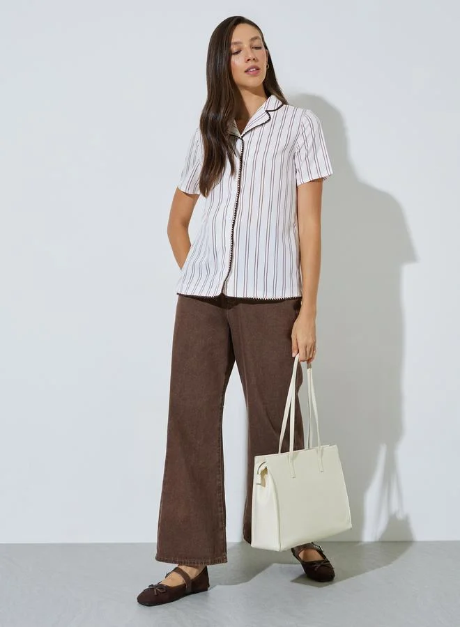Styli White Striped Short Sleeve Shirt with Contrast Trim