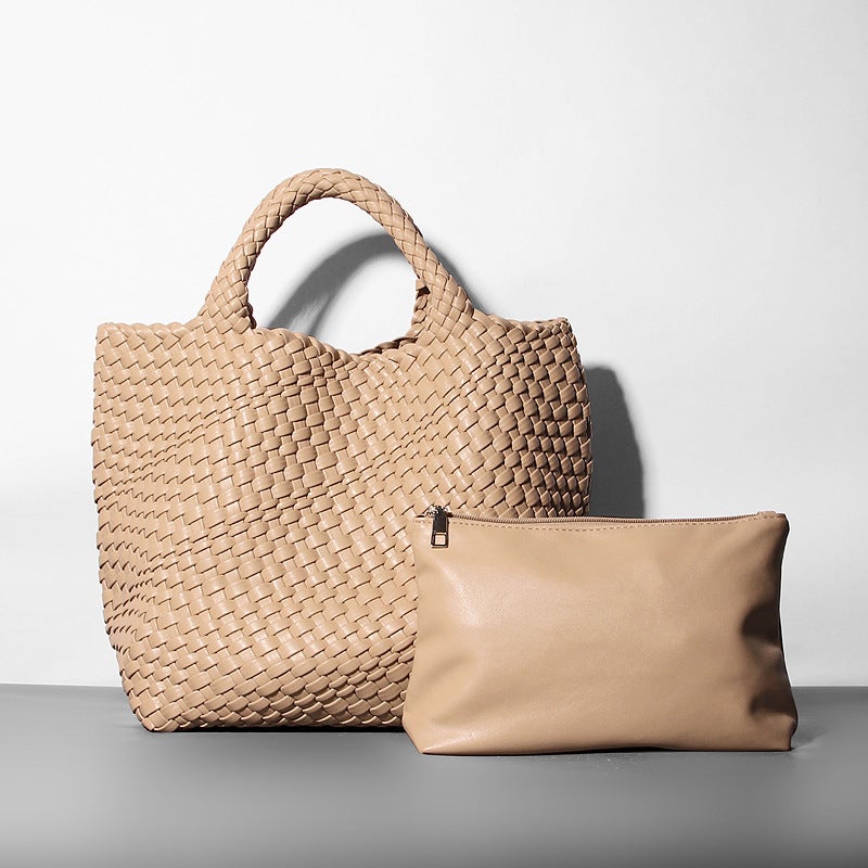 2023 Soft Leather Bucket Bag Tote Shoulder Large Bag Woven Cross-Border Dumpling Bags Niche Design European and American Large Bags apricot - Image 1