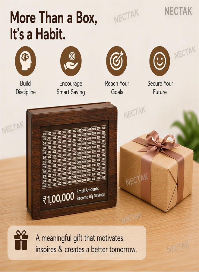 NECTAK ₹1,00,000 Money Saving Challenge Wooden Frame Board | 1 Lakh Savings Target Tracker with Number Grid | Small Amount Big Savings Goal Planner | Cash Deposit Collection Box for Home - Image 5