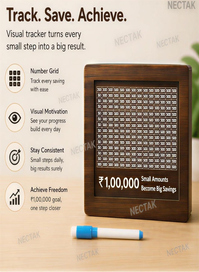 NECTAK ₹1,00,000 Money Saving Challenge Wooden Frame Board | 1 Lakh Savings Target Tracker with Number Grid | Small Amount Big Savings Goal Planner | Cash Deposit Collection Box for Home - Image 2