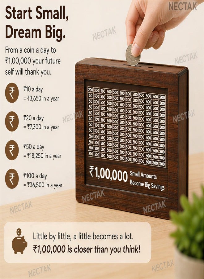 NECTAK ₹1,00,000 Money Saving Challenge Wooden Frame Board | 1 Lakh Savings Target Tracker with Number Grid | Small Amount Big Savings Goal Planner | Cash Deposit Collection Box for Home - Image 4