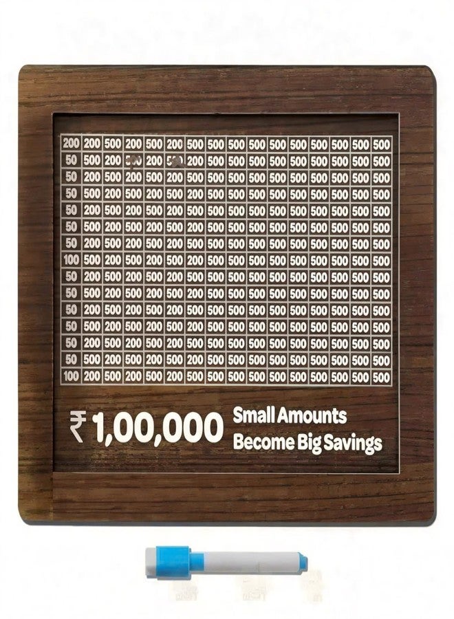 NECTAK ₹1,00,000 Money Saving Challenge Wooden Frame Board | 1 Lakh Savings Target Tracker with Number Grid | Small Amount Big Savings Goal Planner | Cash Deposit Collection Box for Home - Image 1