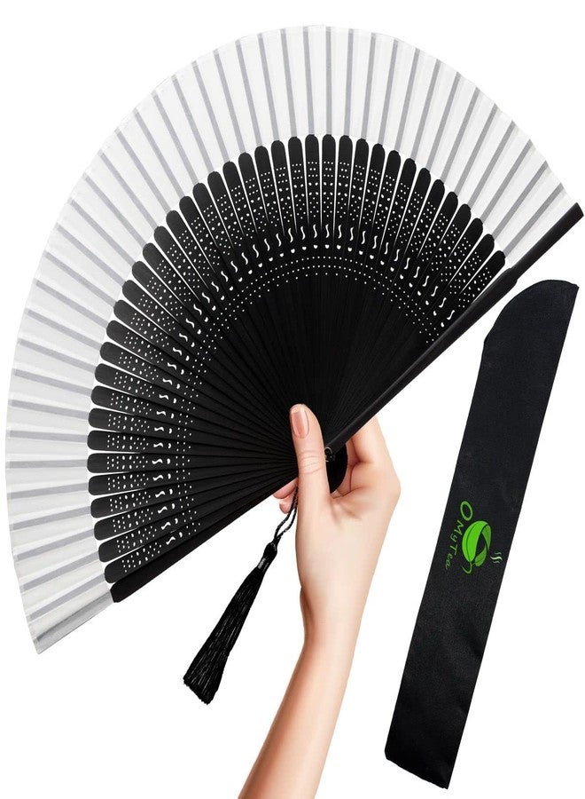 OMyTea Folding Hand Fan for Women - Foldable Chinese Japanese Vintage Bamboo Silk Fan - for Hot Flash, Church, Decoration, EDM, Music Festival, Dance, Party, Performance, Gift (Sexy Black - White) - Image 1