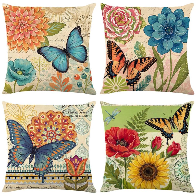 wyooxoo Spring Summer Pillow Covers 18x18 Set of 4 Farmhouse Throw Pillow Covers Linen Flower Butterfly Decorative Pillowcases for Sofa Couch Living Room Outdoor - Image 2