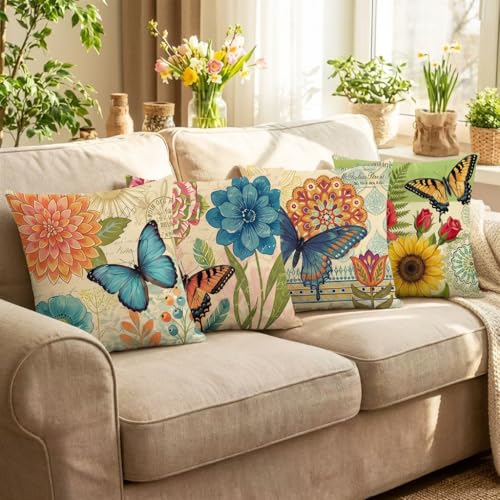 wyooxoo Spring Summer Pillow Covers 18x18 Set of 4 Farmhouse Throw Pillow Covers Linen Flower Butterfly Decorative Pillowcases for Sofa Couch Living Room Outdoor - Image 3