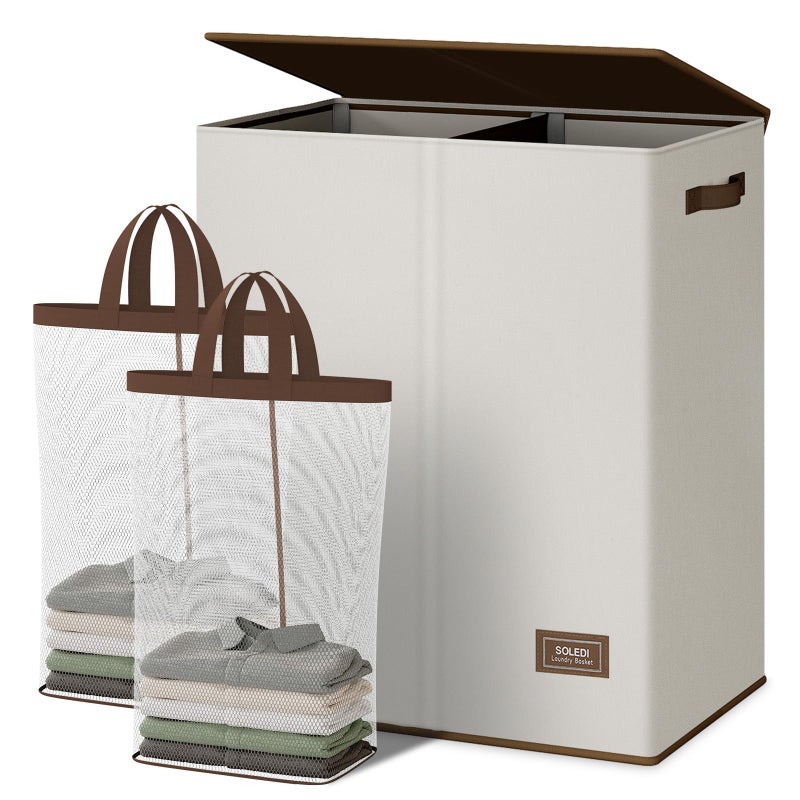 SOLEDI Luxury Double Laundry Hamper with Lid and Removable Bags Large Hamper for Laundry Laundry Basket 2 Sections Collapsible Ditry Clothes Hamper for Bedroom Laundry Room Bathroom Offwhite