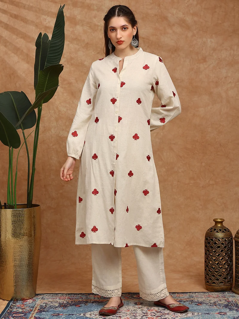 Globus Women Off White Mandarin Collar Bishop Sleeves Embroidered Detail Button Down Straight Kurta With Lace Detail Pants Fusion Set