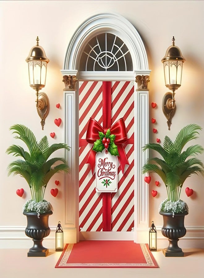 BlissYard Christmas Door Cover 71x35 Inch Red White Gift Box Bow Door Banner, Candy Stripe Holiday Decoration for Front Door, Indoor Outdoor Winter Party Backdrop, Merry Christmas Door Hanging Decor - Image 4