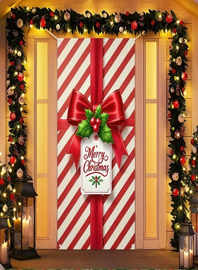 BlissYard Christmas Door Cover 71x35 Inch Red White Gift Box Bow Door Banner, Candy Stripe Holiday Decoration for Front Door, Indoor Outdoor Winter Party Backdrop, Merry Christmas Door Hanging Decor - Image 3