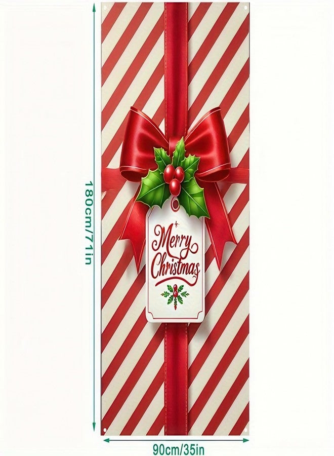 BlissYard Christmas Door Cover 71x35 Inch Red White Gift Box Bow Door Banner, Candy Stripe Holiday Decoration for Front Door, Indoor Outdoor Winter Party Backdrop, Merry Christmas Door Hanging Decor - Image 5