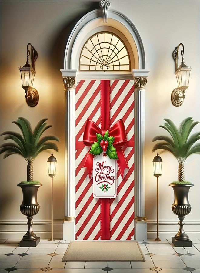 BlissYard Christmas Door Cover 71x35 Inch Red White Gift Box Bow Door Banner, Candy Stripe Holiday Decoration for Front Door, Indoor Outdoor Winter Party Backdrop, Merry Christmas Door Hanging Decor - Image 2