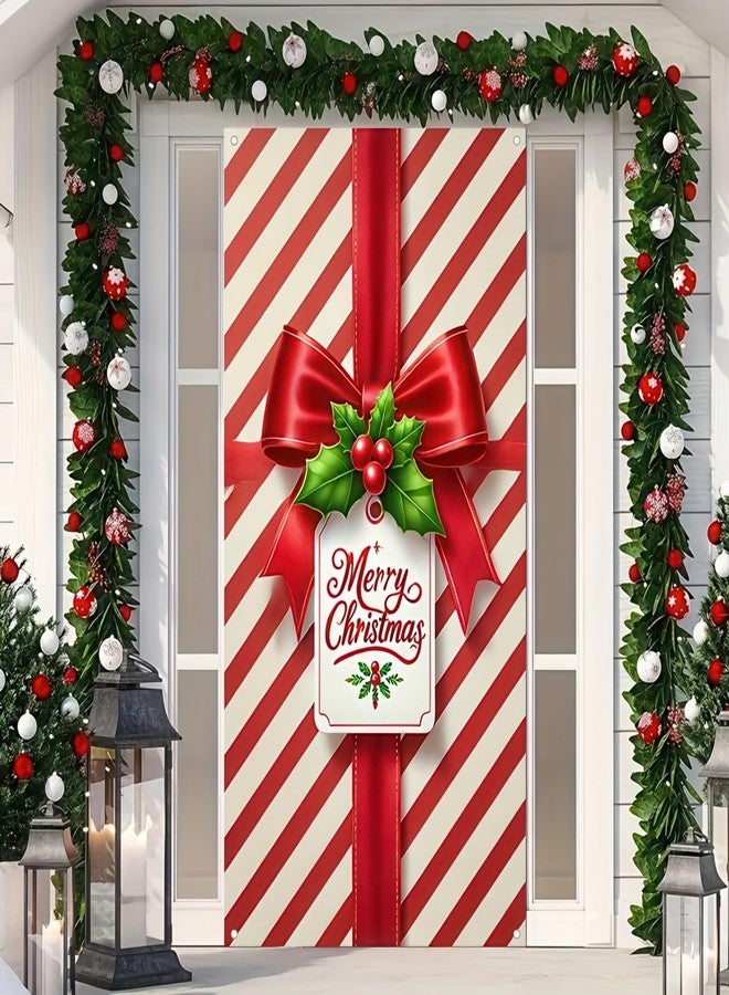 BlissYard Christmas Door Cover 71x35 Inch Red White Gift Box Bow Door Banner, Candy Stripe Holiday Decoration for Front Door, Indoor Outdoor Winter Party Backdrop, Merry Christmas Door Hanging Decor - Image 1