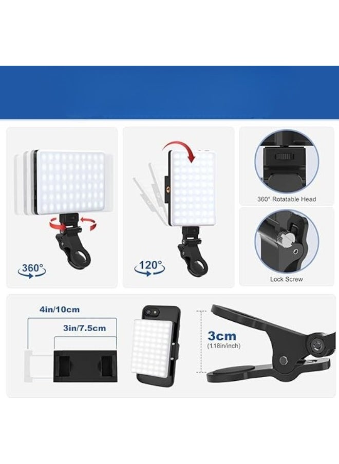 120-LED Rechargeable Mobile Selfie Light with Front and Back Clip – 3 Lighting Modes, Adjustable Color Temperature 2500K-9000K – Portable Video Light for iPhone, iPad, TikTok, Vlogs, and Live Makeup Streaming