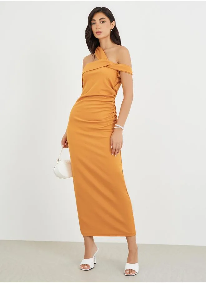 ستايلي Styli Solid Asymmetric Neckline Bodycon Maxi Dress