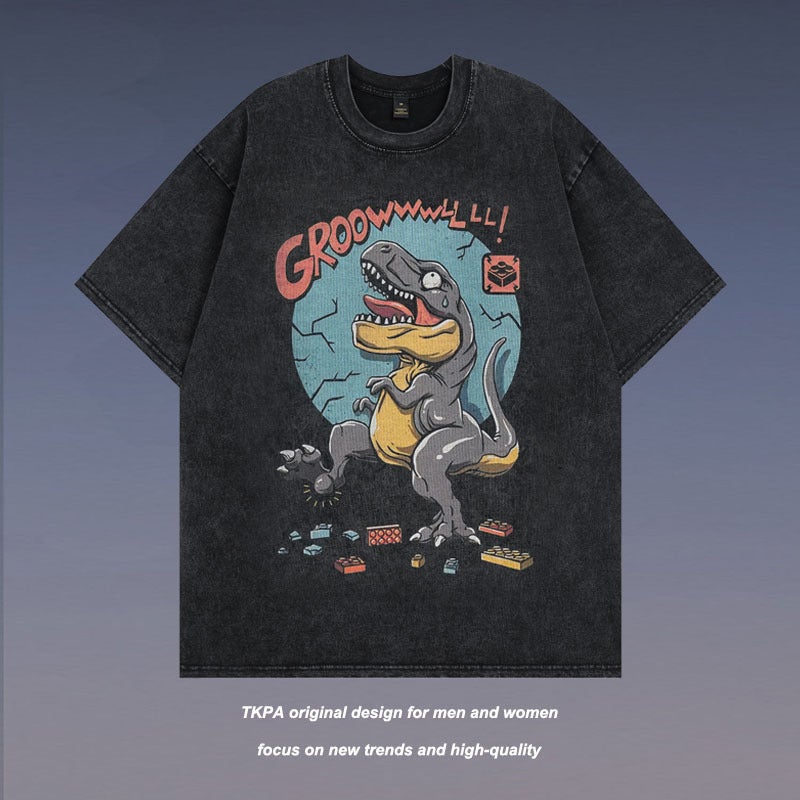Cartoon Distressed Short-Sleeved T-Shirt For Men And Women American Style Street Retro Trendy Brand Loose Couple Half-Sleeved Tee Shirt - Image 2