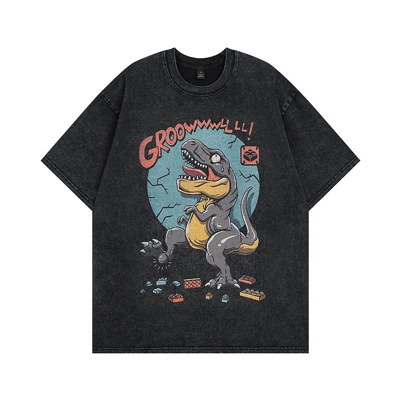 Cartoon Distressed Short-Sleeved T-Shirt For Men And Women American Style Street Retro Trendy Brand Loose Couple Half-Sleeved Tee Shirt - Image 1