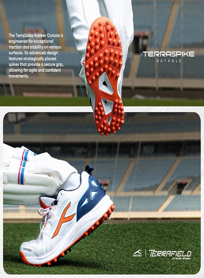 HUNDRED حذاء كريكيت هاندرد تيرافيلد | مسامير مطاطية تيرراسبايك | لوحة دعم مدمجة للثبات | خفيف الوزن ومتين | مثالي للأسطح العشبية والأرضية والأسطح الصلبة أبيض/برتقالي/كحلي (المقاس 11 UK) - Image 4