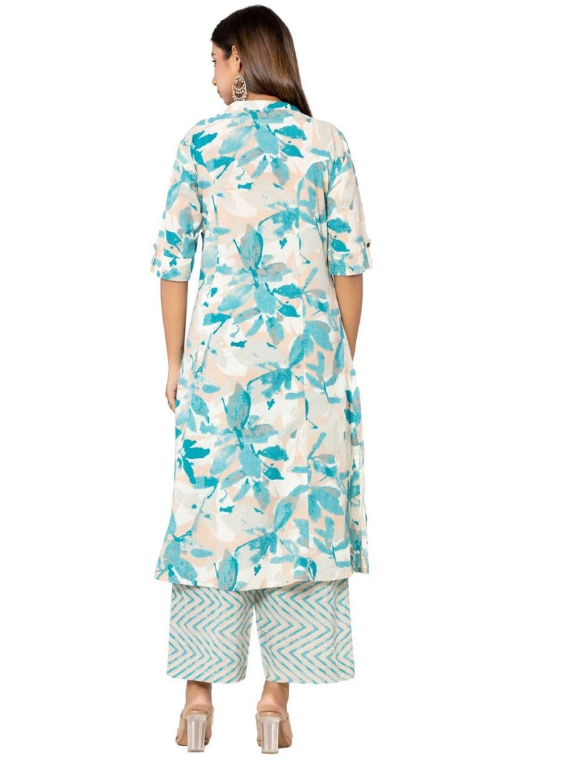 rytras Women's Cotton Printed A-Line Kurta with Palazzo Pant Set(RYT582,S) Blue - Image 2