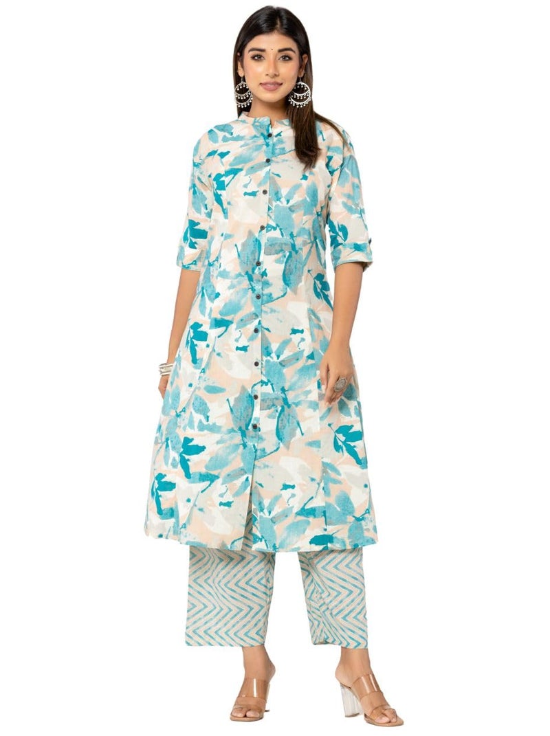 rytras Women's Cotton Printed A-Line Kurta with Palazzo Pant Set(RYT582,S) Blue - Image 1