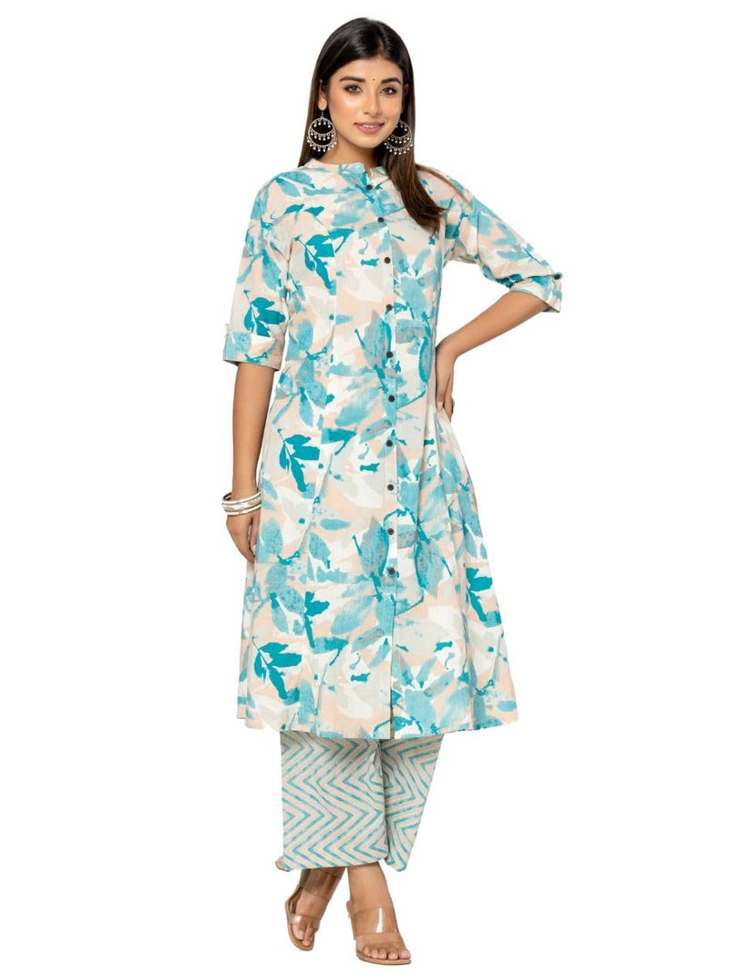 rytras Women's Cotton Printed A-Line Kurta with Palazzo Pant Set(RYT582,S) Blue - Image 4