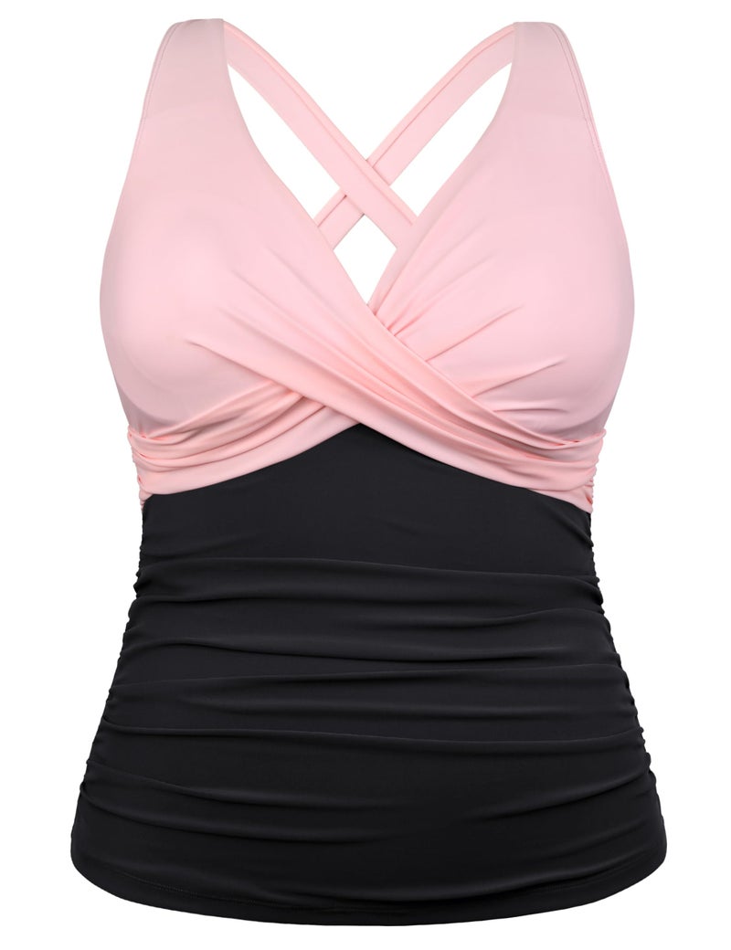 Hilor Plus Size Underwire Tankini Top for Women Swimwear Top Only Tummy Control Bathing Suits Ruched V Neck Swimsuit Pink&Black 22 - Image 1