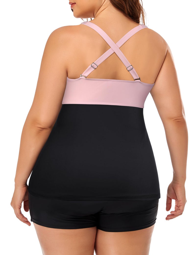 Hilor Plus Size Underwire Tankini Top for Women Swimwear Top Only Tummy Control Bathing Suits Ruched V Neck Swimsuit Pink&Black 22 - Image 5