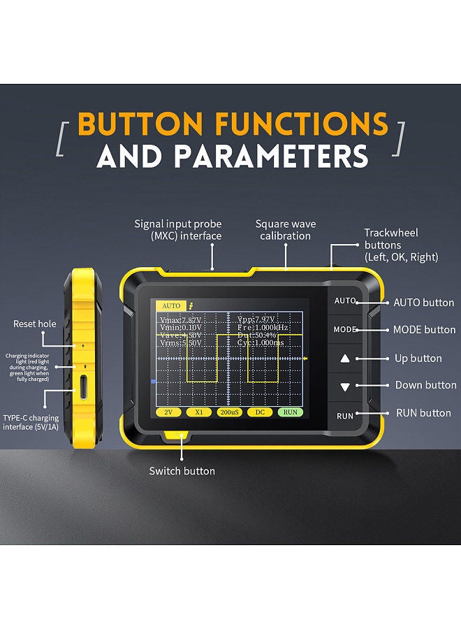 Handheld Digital Oscilloscope Portable 400V Voltage Measurement 200KHz Bandwidth 2.5MS/s Real-time Sampling Rate 2.8inch Screen Multifunctional Oscilloscope Instrument with Firmware Upgrade Function