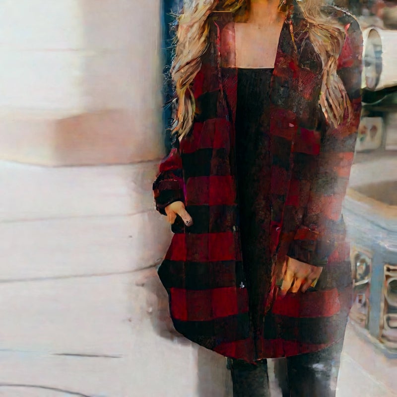 Women's Long Sleeve Plaid Shirt Jacket Mid-Length Casual Top - Image 3
