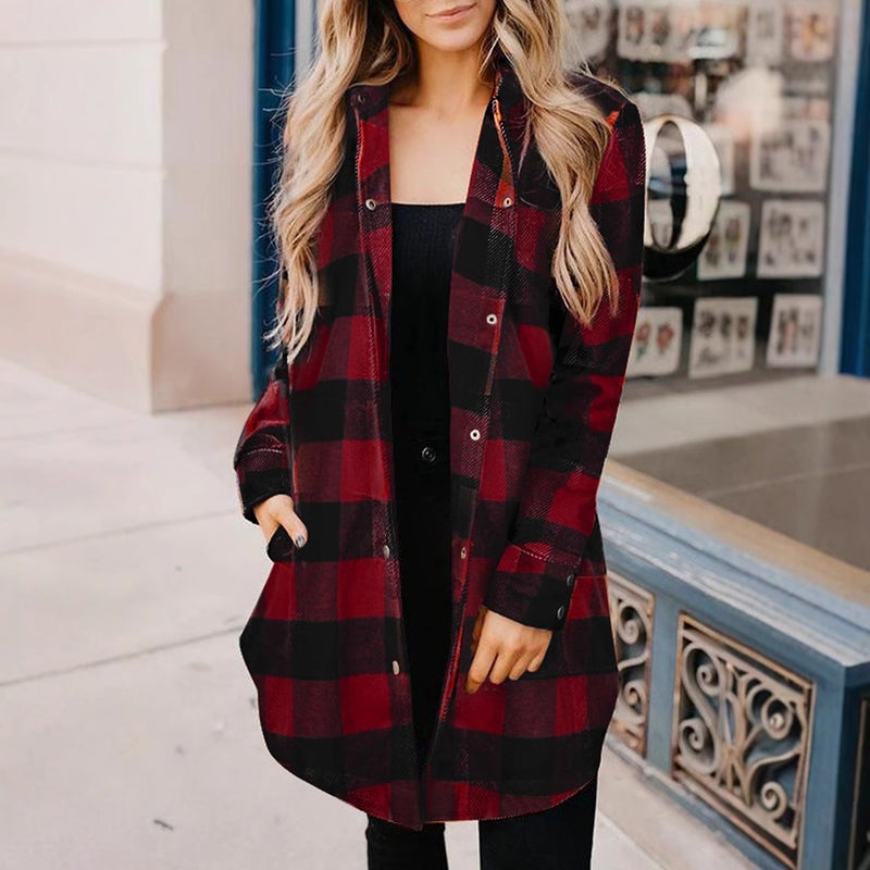 Women's Long Sleeve Plaid Shirt Jacket Mid-Length Casual Top - Image 2