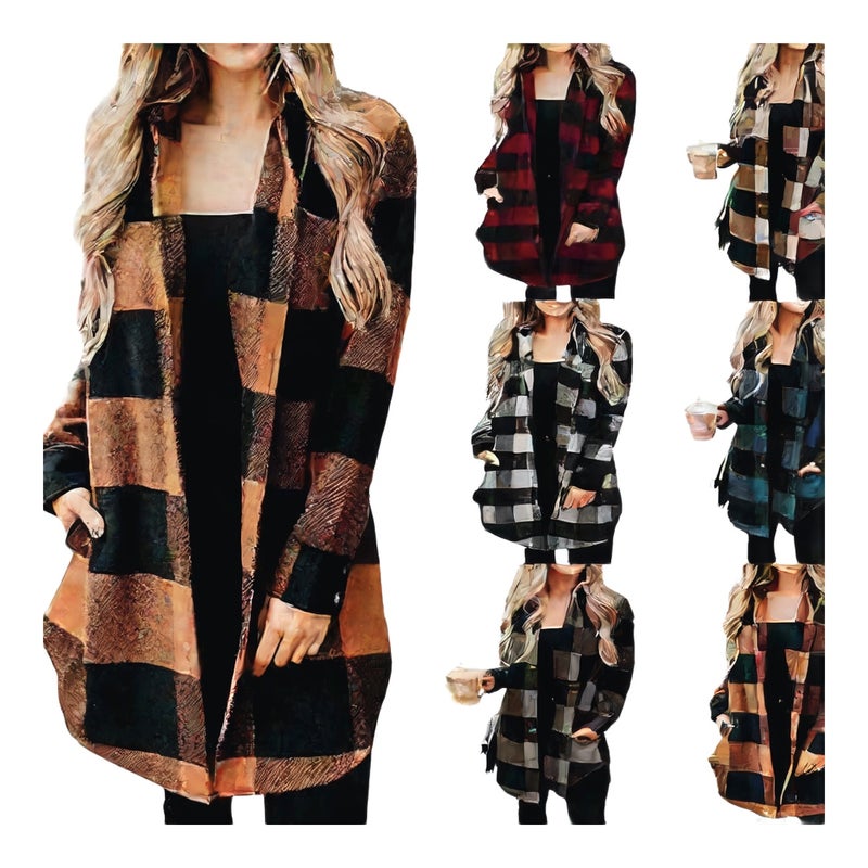 Women's Long Sleeve Plaid Shirt Jacket Mid-Length Casual Top - Image 1