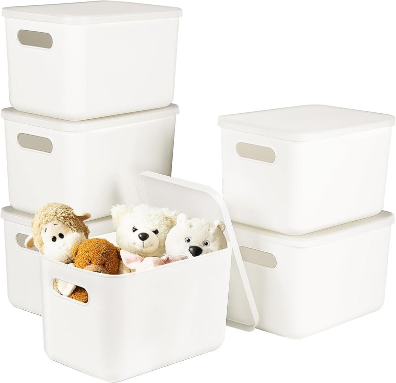 loobuu 6 Pcs Plastic Storage Bins with Handle, White Baskets with Lids for Organizing, Storage Organizer Bins for Pantry, Kitchen, Bathroom, Bedroom (White with Lids) - Image 1