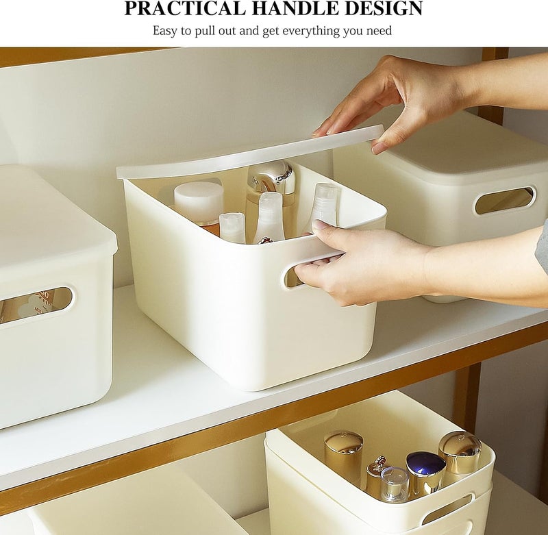 loobuu 6 Pcs Plastic Storage Bins with Handle, White Baskets with Lids for Organizing, Storage Organizer Bins for Pantry, Kitchen, Bathroom, Bedroom (White with Lids) - Image 3
