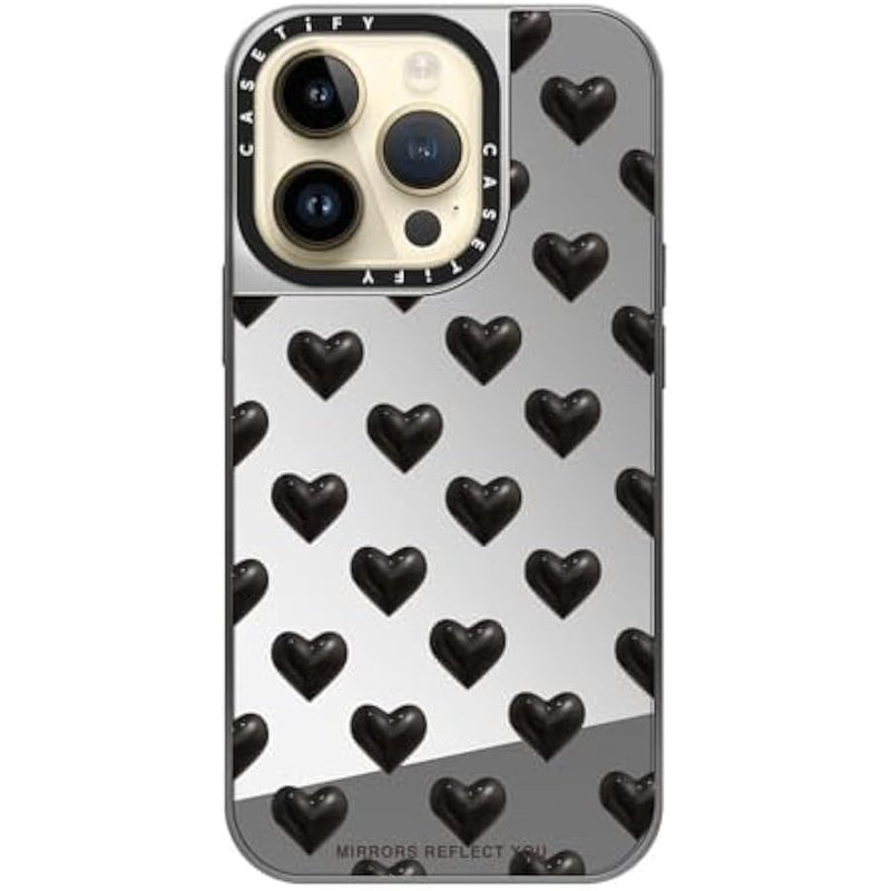 Casetify Mirror Case for iPhone 14 Pro Compatible with Magsafe - Black Hearts - Silver on Silver - Image 4