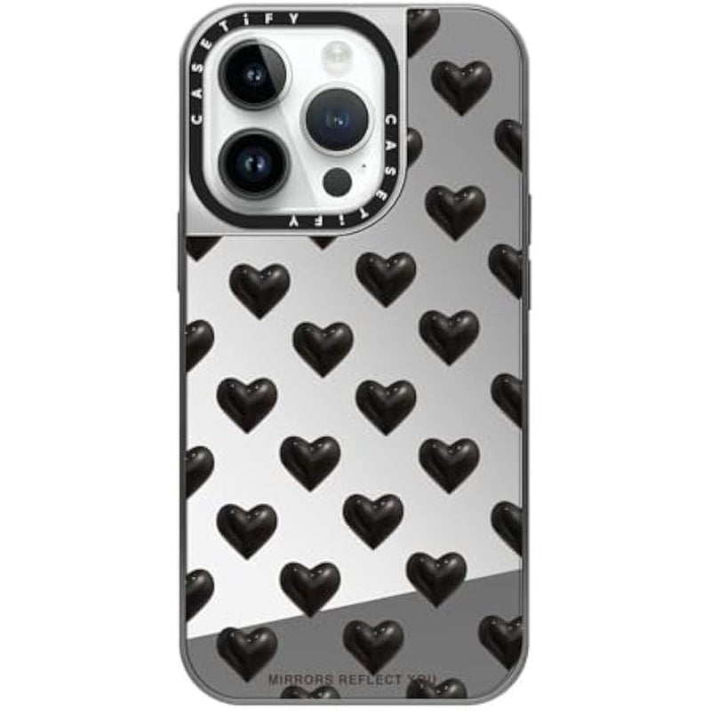 Casetify Mirror Case for iPhone 14 Pro Compatible with Magsafe - Black Hearts - Silver on Silver - Image 1