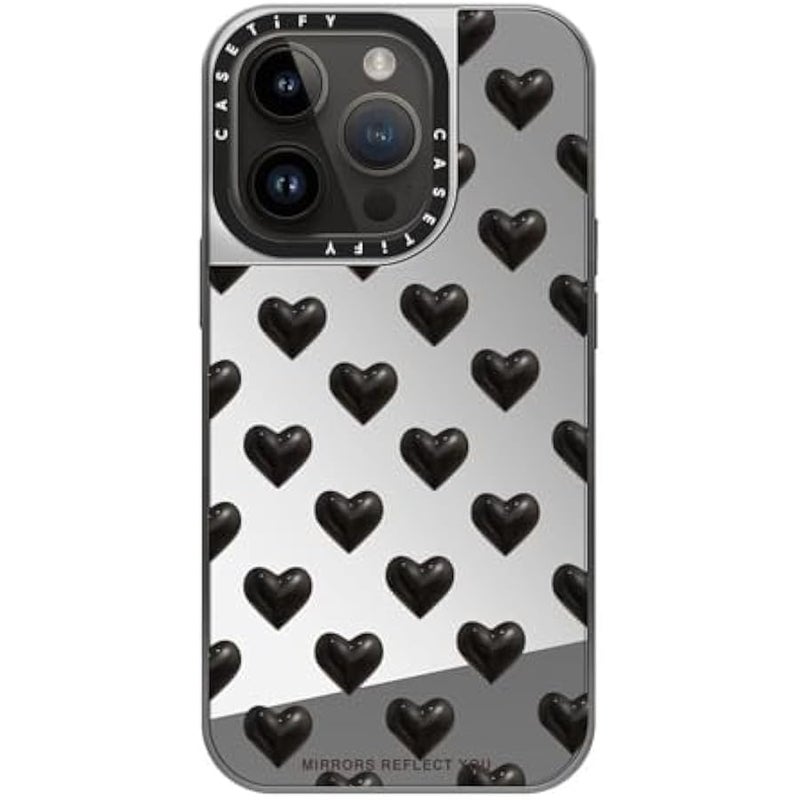 Casetify Mirror Case for iPhone 14 Pro Compatible with Magsafe - Black Hearts - Silver on Silver - Image 3