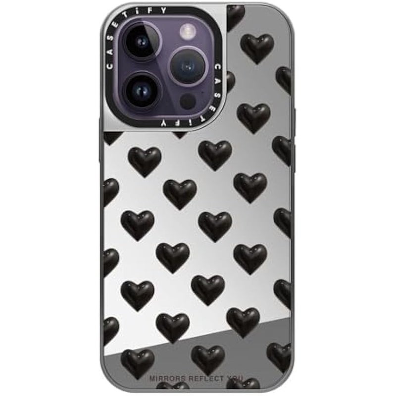Casetify Mirror Case for iPhone 14 Pro Compatible with Magsafe - Black Hearts - Silver on Silver - Image 2