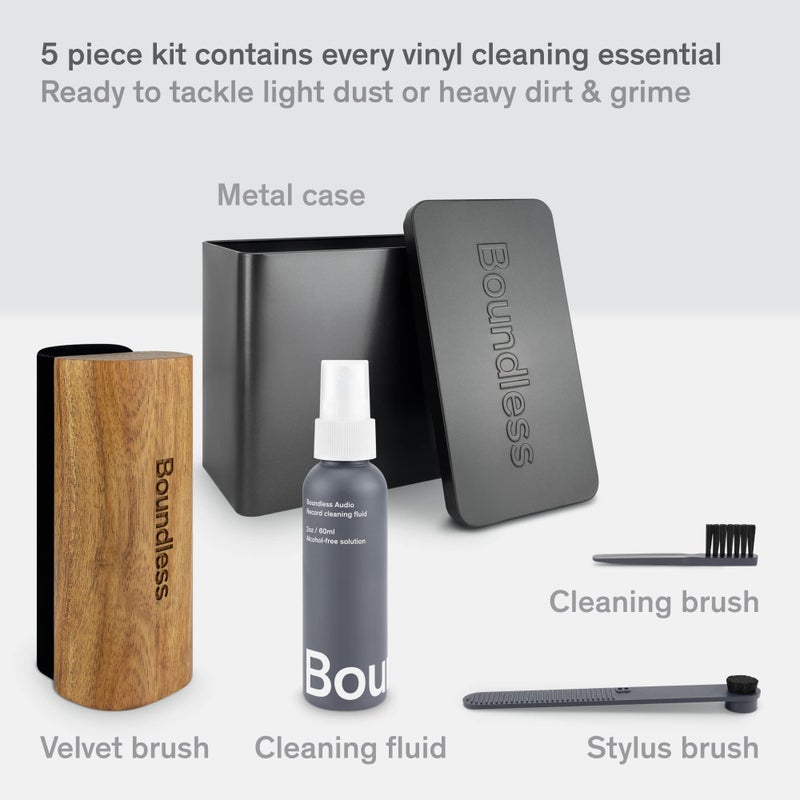Boundless Audio Record Cleaner Kit - 5-in-1 Vinyl Record Cleaning Kit Includes Velvet Record Brush, Stylus Brush, Record Cleaning Solution, Cleaning Brush & Metal Case - Premium Vinyl Cleaning Kit - Image 3