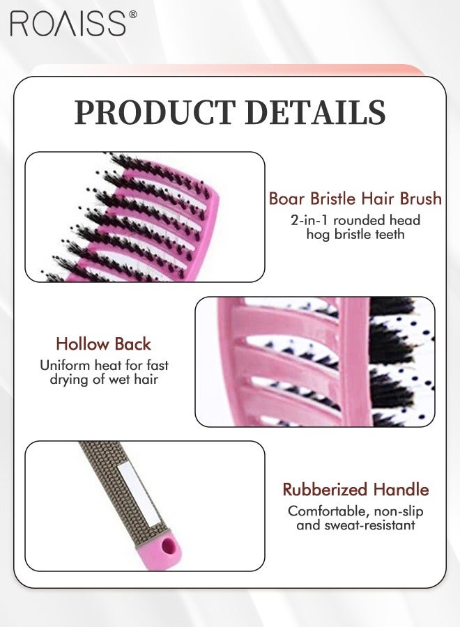 roaiss Boar Bristle Hair Brush 2 Pack Set Dry/Wet Hair Brush Detangler for Fine, Thick, Curly Hair Curved and Vented Hair Brush for Women, Men with Comb Cleaning Claw (Pink and Gold) - Image 3