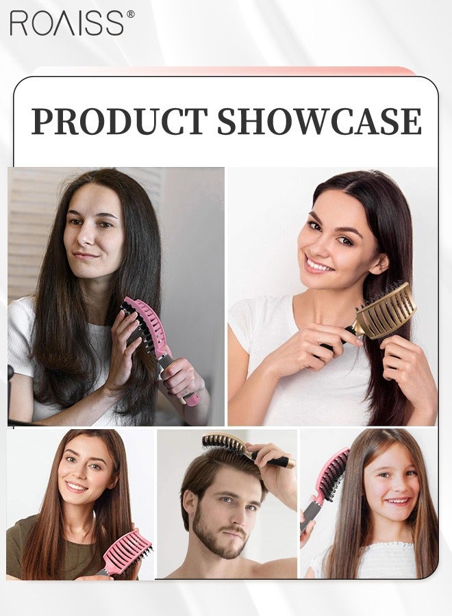 roaiss Boar Bristle Hair Brush 2 Pack Set Dry/Wet Hair Brush Detangler for Fine, Thick, Curly Hair Curved and Vented Hair Brush for Women, Men with Comb Cleaning Claw (Pink and Gold) - Image 2
