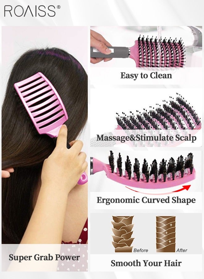roaiss Boar Bristle Hair Brush 2 Pack Set Dry/Wet Hair Brush Detangler for Fine, Thick, Curly Hair Curved and Vented Hair Brush for Women, Men with Comb Cleaning Claw (Pink and Gold) - Image 5