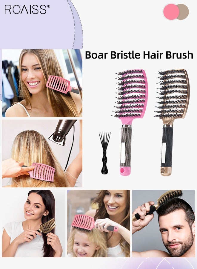 roaiss Boar Bristle Hair Brush 2 Pack Set Dry/Wet Hair Brush Detangler for Fine, Thick, Curly Hair Curved and Vented Hair Brush for Women, Men with Comb Cleaning Claw (Pink and Gold) - Image 1
