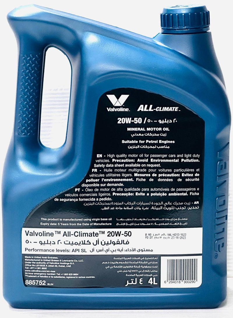 Valvoline 20W50 Petrol Engine Oil All-Cliamate 4Ltr - Image 2